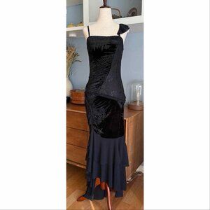 Vintage Y2K Cascadei Black Velvet & Chiffon Evening Dress Asymmetric Whimsy